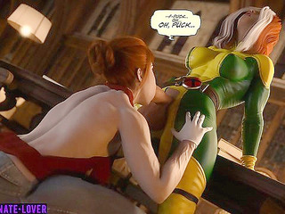 3d Animated Comic Futa Rogue fucks Xmen Jean Grey with big futa cock