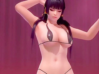 Sexy asian babe Nyotengu from Dead or Alive dances on the pole and fucks everyone