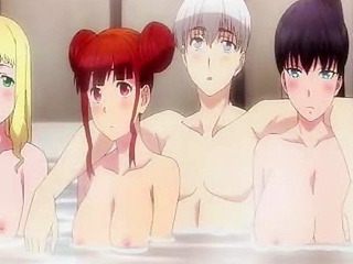 World's Ends Harem 9 - ecchi anime - Three anime girls use their boobs to shower guy