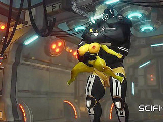Alien sex in a starship. Female green alien gets fucked by big cock